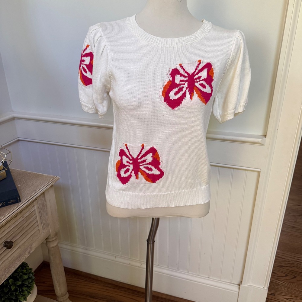 Jodifl Womens White Butterfly Intarsia Puff Short Sleeve Knit Sweater Medium